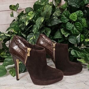 Michael Kors Brown EUC Croc Embossed Leather and Suede Heeled Boots